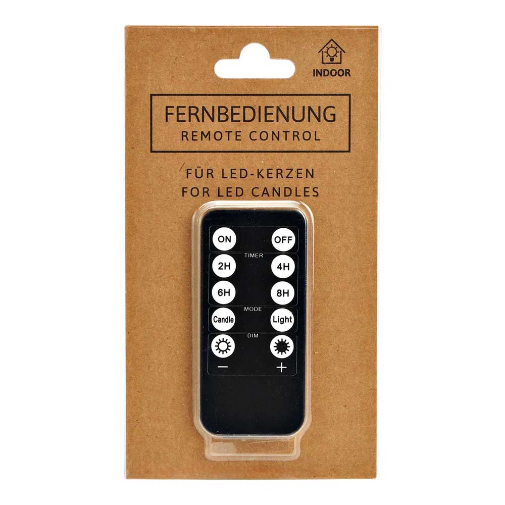 Die Fernbedienung für LED-Kerzen von G. Wurm verfügt über mehrere Tasten für Ein/Aus, Timer, Modus, Kerze und Lichtfunktionen, ist mit dem Etikett „Fernbedienung für LED Kerzen von G. Wurm“ verpackt und für den Innenbereich geeignet.