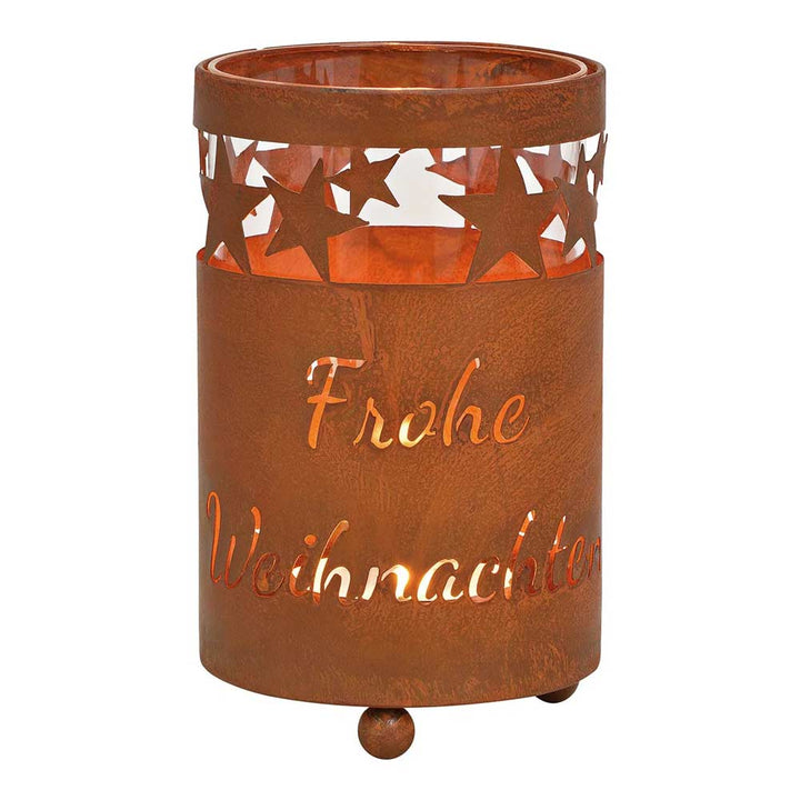 G. Wurm - Windlicht Frohe Weihnachten Rost mit Sternausschnitten oben.