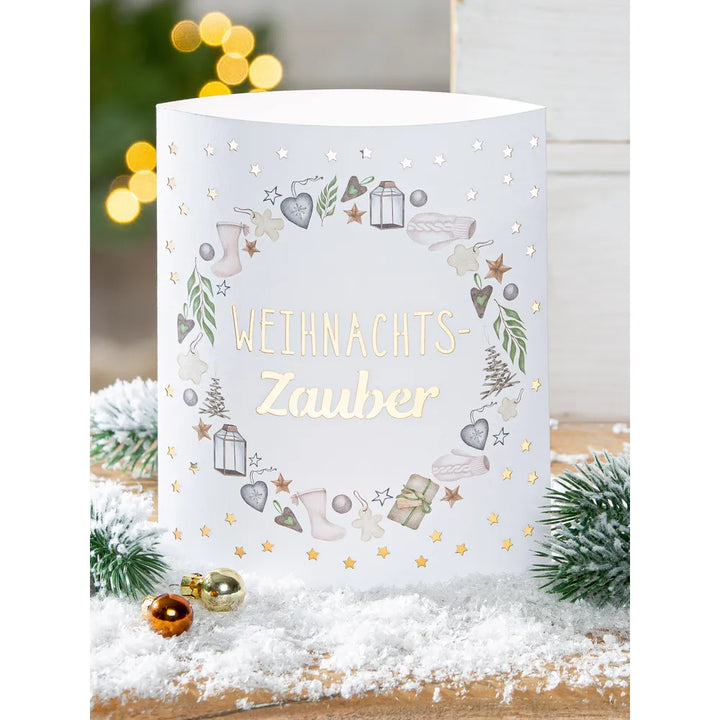 Gilde - Dekoleuchte (LED) Ellipse "Weihnachtszauber" Schriftzug Sternmuster creme