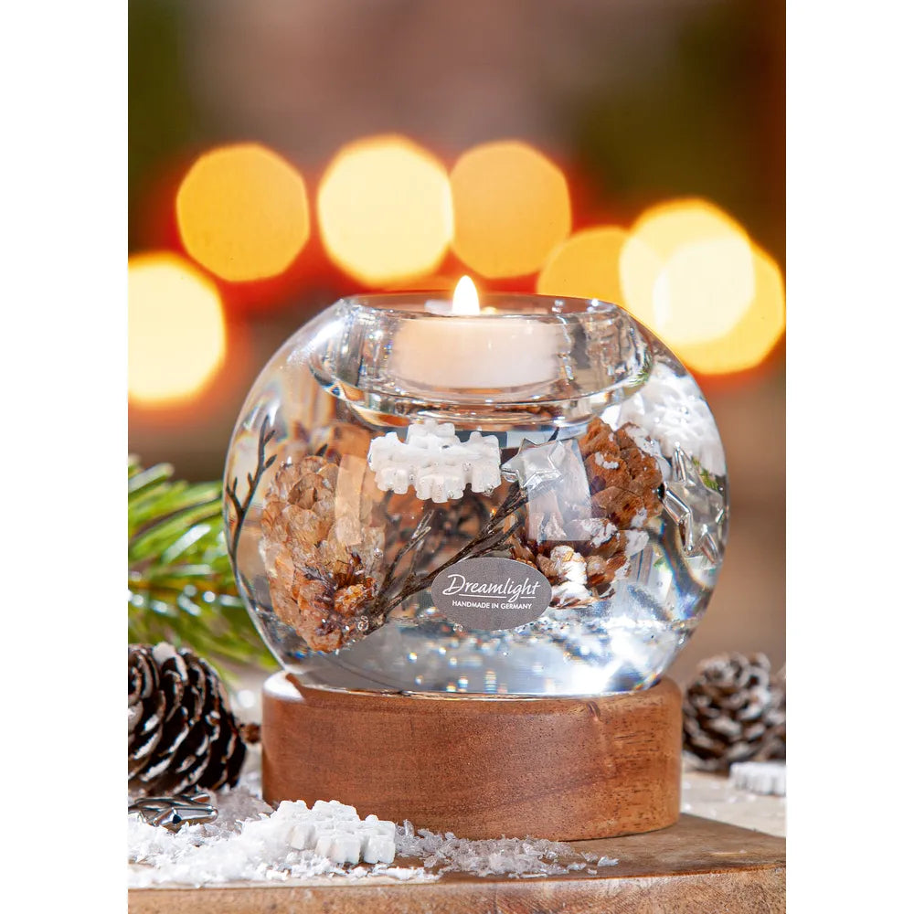 Gilde - Dreamlight Teelichtleuchter Mercur auf Holzbase "Winter Story"
