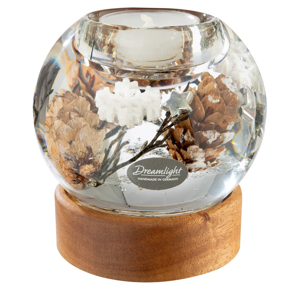 Gilde - Dreamlight Teelichtleuchter Mercur auf Holzbase "Winter Story"