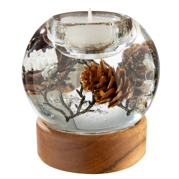 Gilde - Dreamlight Teelichtleuchter Mercur auf Holzbase "Winter Story"