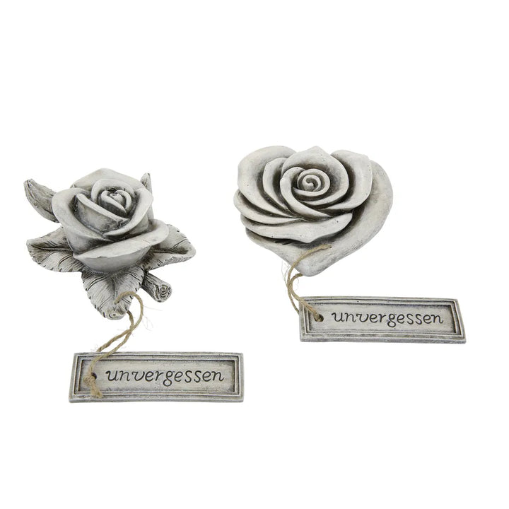 Gilde - Gedenkdeko Blume "unvergessen" Schriftzug grau