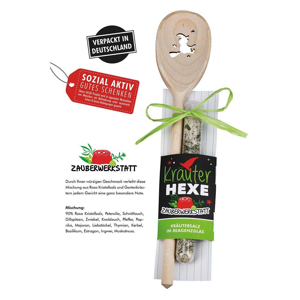Das Gilde Geschenkset Kräuterhexe beinhaltet einen Holzlöffel im Hexen-Design, Kräutersalz im Reagenzglas mit grüner Schleife sowie deutsche Etiketten zum Verpacken und Verschenken.