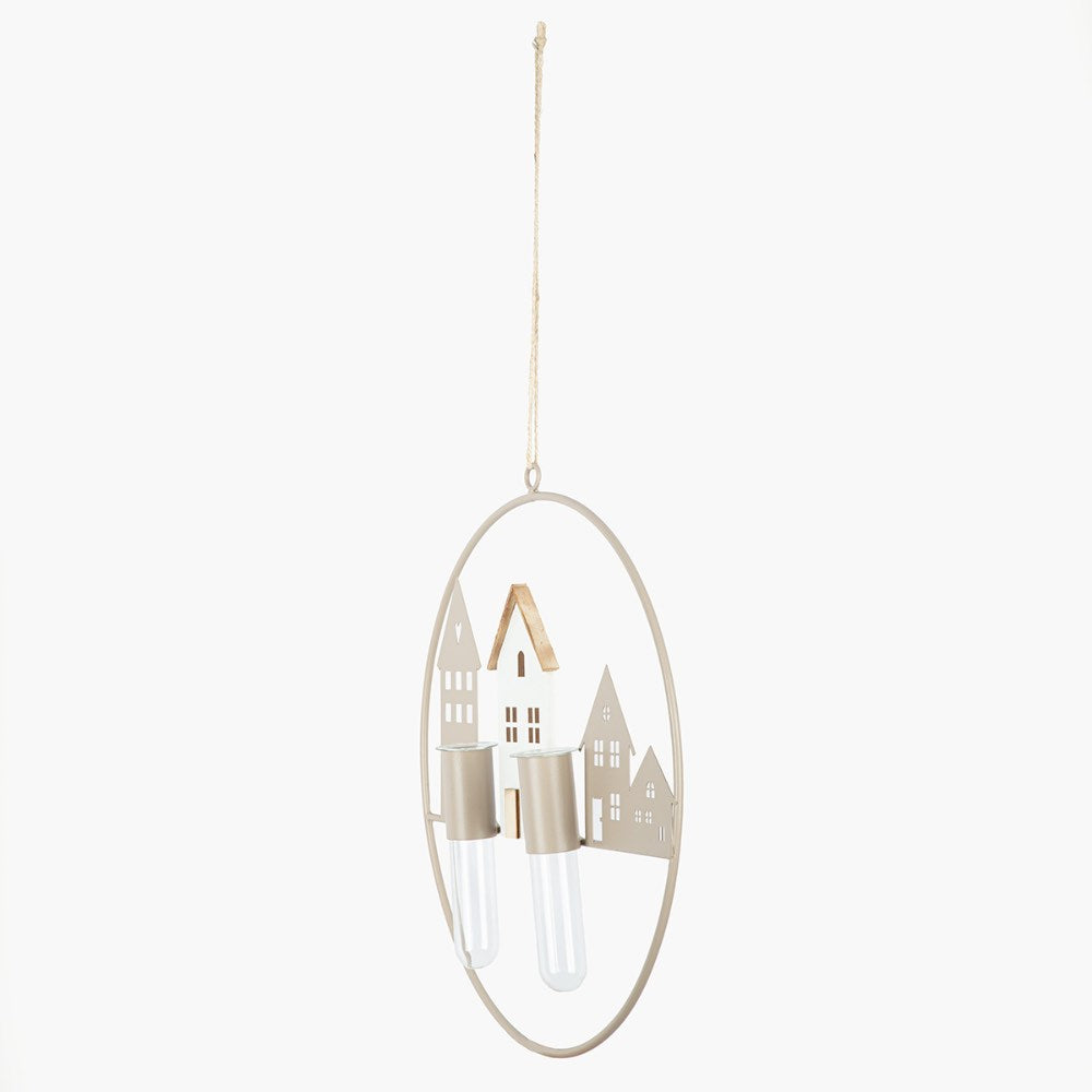 Gilde - Hänger rund Cremo Hausmotiv Metallbeige