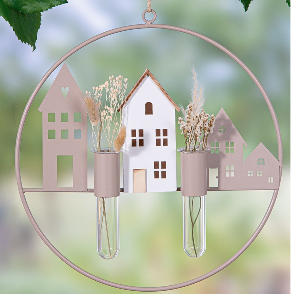 Gilde - Hänger rund Cremo Hausmotiv Metallbeige