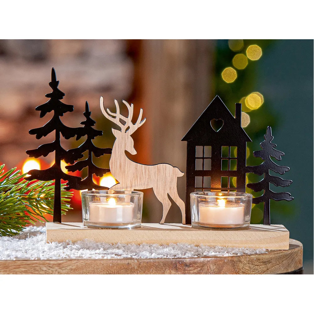 Gilde - Teelichtleuchter "Vado" Waldmotiv schwarz naturfarben