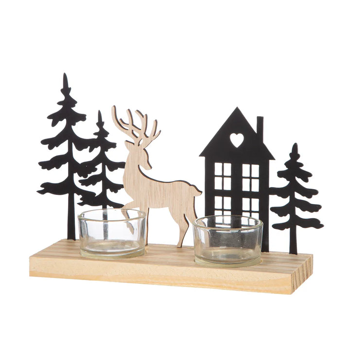 Gilde - Teelichtleuchter "Vado" Waldmotiv schwarz naturfarben