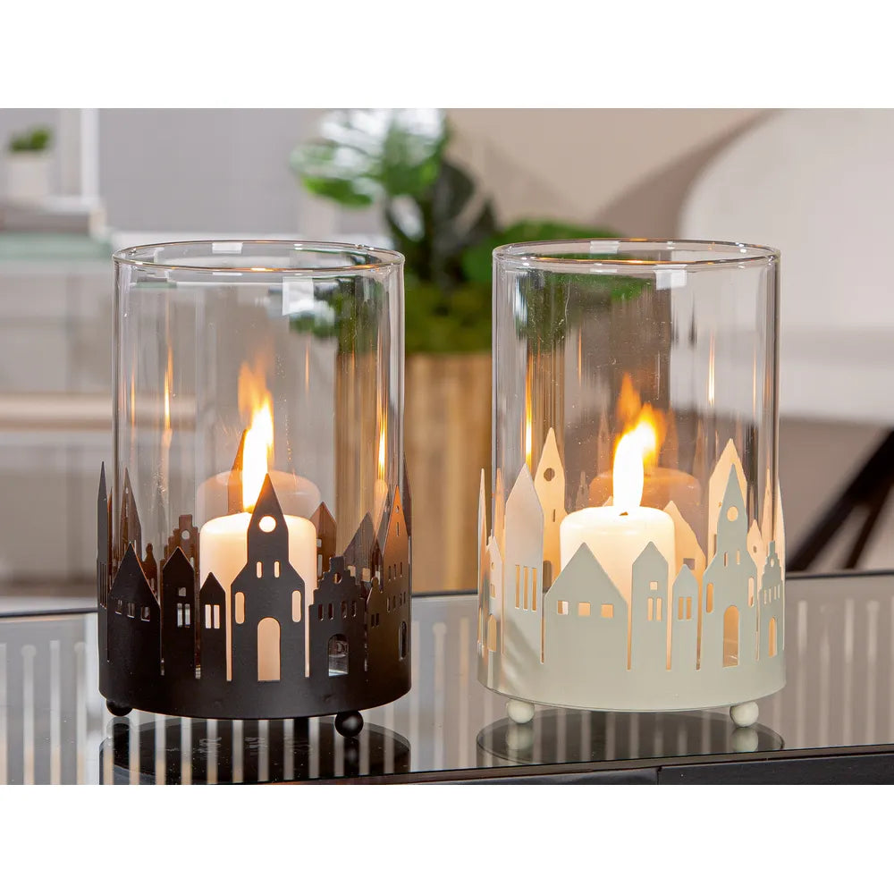 Gilde - Windlicht "Stadtlichter" Hausmotiv klar schwarz weiß