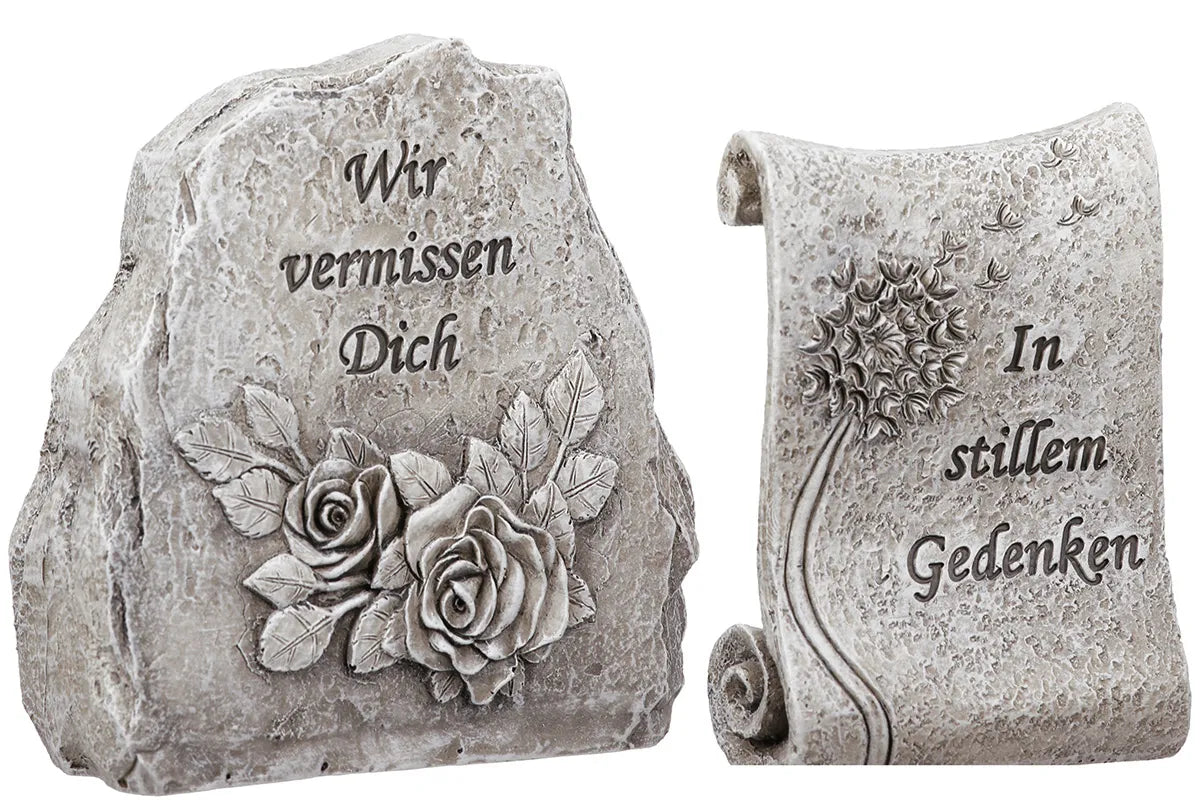 Gildehandwerk Gedenkstein Polyresin Blumenmotiv Grau