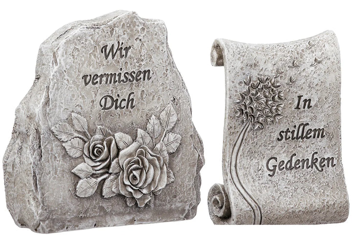Gildehandwerk Gedenkstein Polyresin Blumenmotiv Grau