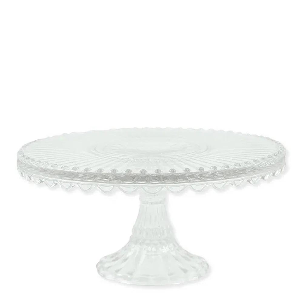 Die Alice Tortenplatte Glas von GreenGate besteht aus klarem Glas mit strukturierter Oberfläche und einem dekorativen Sockel.