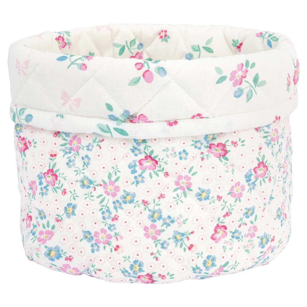 Der weiße Stoffkorb GreenGate - Allyna Brotkorb zeigt ein Blumenmuster mit rosa, blauen und grünen Elementen.