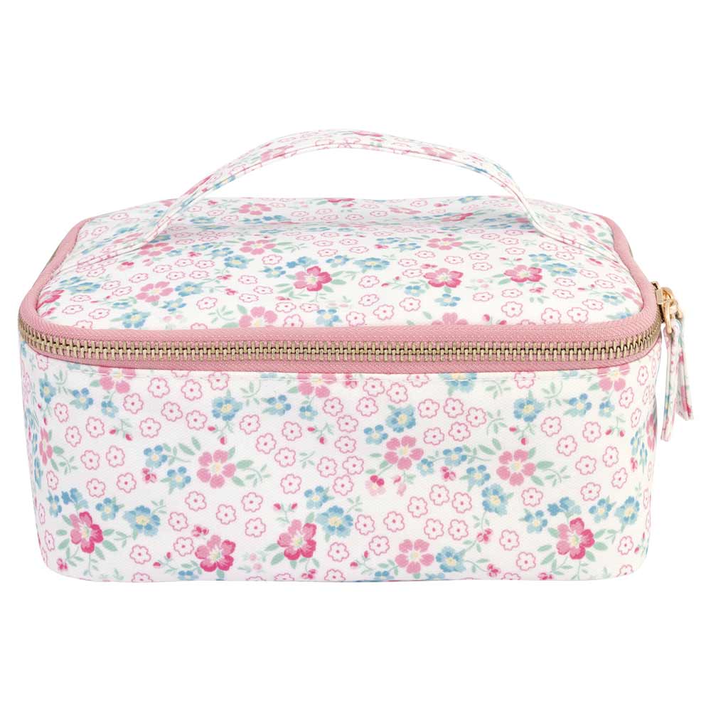 Die Allyna Kühltasche White von GreenGate verfügt über ein Blumenmuster, eine rechteckige Form, einen Griff und einen Reißverschluss.