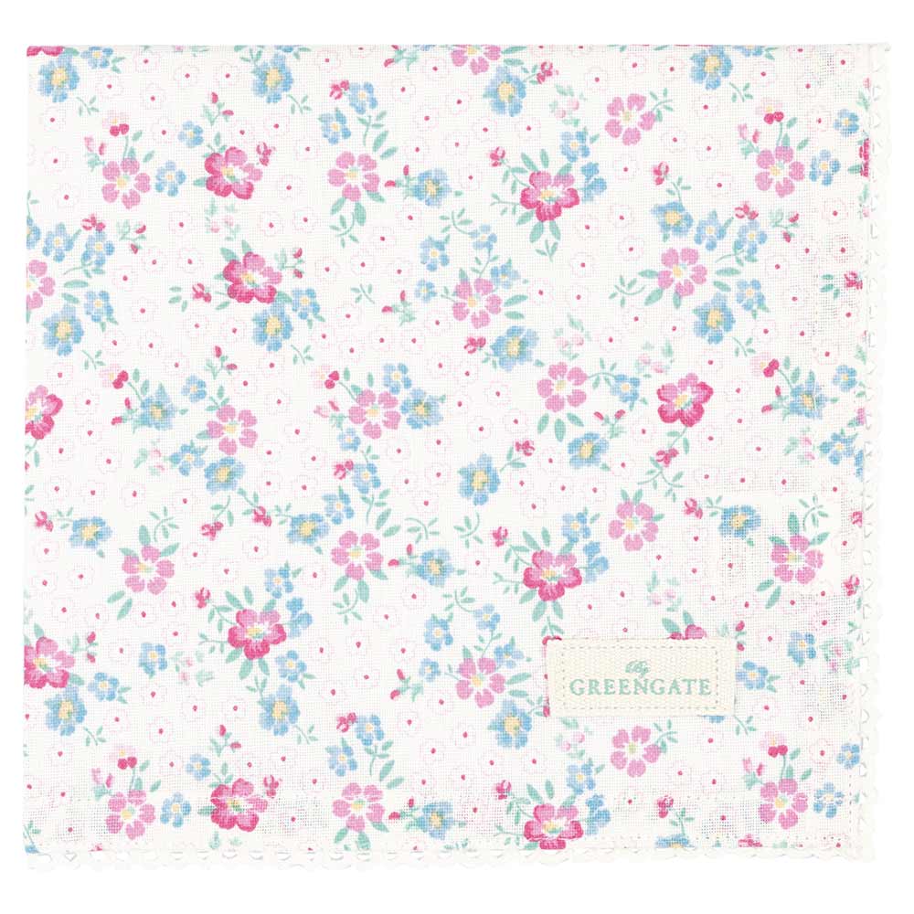 Floral gemustertes Tuch mit rosa, blauen und roten Blumen auf weißem Hintergrund mit der Aufschrift „GreenGate - Allyna Stoffserviette mit Spitze“ in der Ecke.