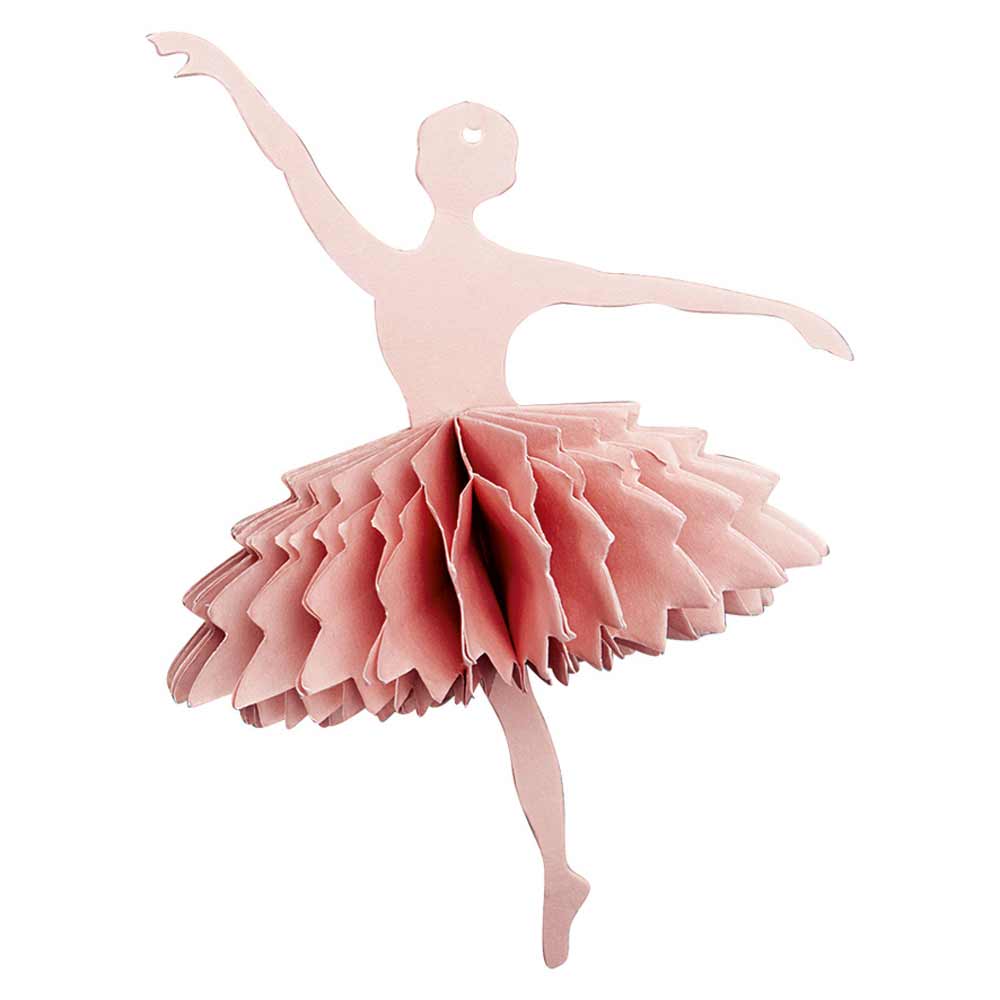 Ein PinkGate - Anhänger Ballerina, Dusty Rose. Papierausschnitt einer Ballerina in einer Tanzpose mit einem mehrlagigen Tutu aus plissiertem Papier.