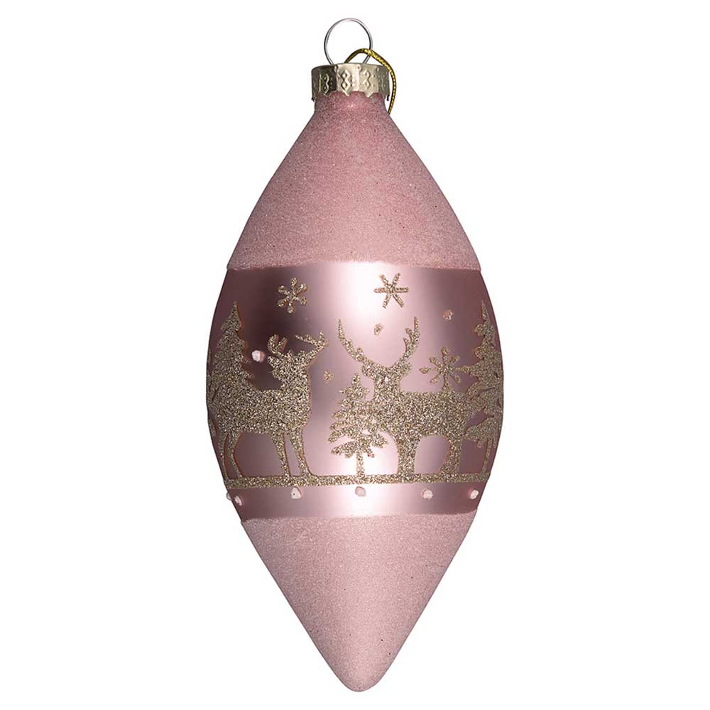 GreenGate - Weihnachtsanhänger Forrest Tropfen, blasses Rosa mit glitzernden Hirschen, Bäumen und Schneeflocken.