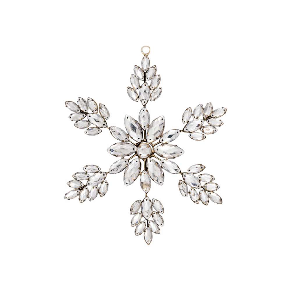 Ein GreenGate - Anhänger Schneeflocke Crystal silber, geschmückt mit klaren, facettierten Edelsteinen, die in einem symmetrischen Muster angeordnet sind.