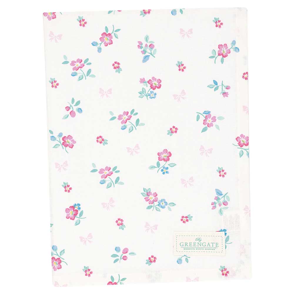 Ein weißer Stoff mit kleinen rosa und blauen Blumen und einem „GreenGate - Athea Geschirrtuch White“-Etikett in der Ecke.