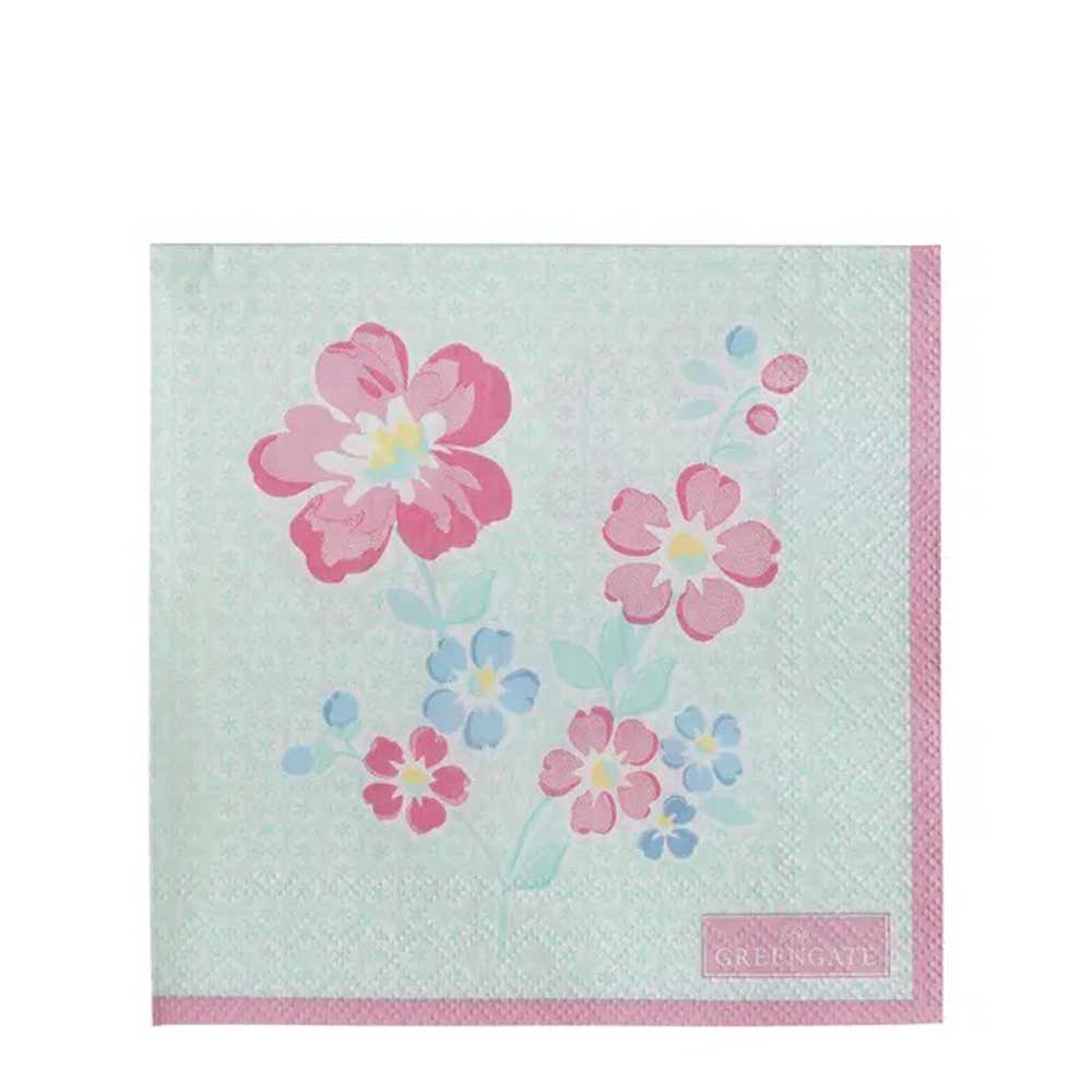 Die GreenGate - Athea Papierservietten Mint Small (20 Stück) bestehen aus pastellgrünen Servietten mit rosa Rändern, verziert mit rosa und blauen Blumenmustern und einem kleinen „GreenGate“-Etikett in der unteren rechten Ecke.
