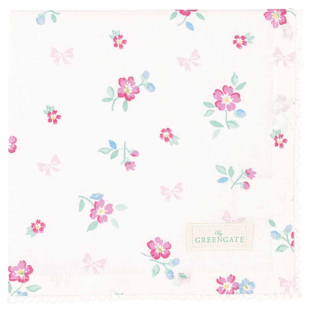 Weiße Stoffserviette mit rosa und blauem Blumenmuster, Spitzenrand, Aufschrift „GreenGate – Athea Stoffserviette White“.