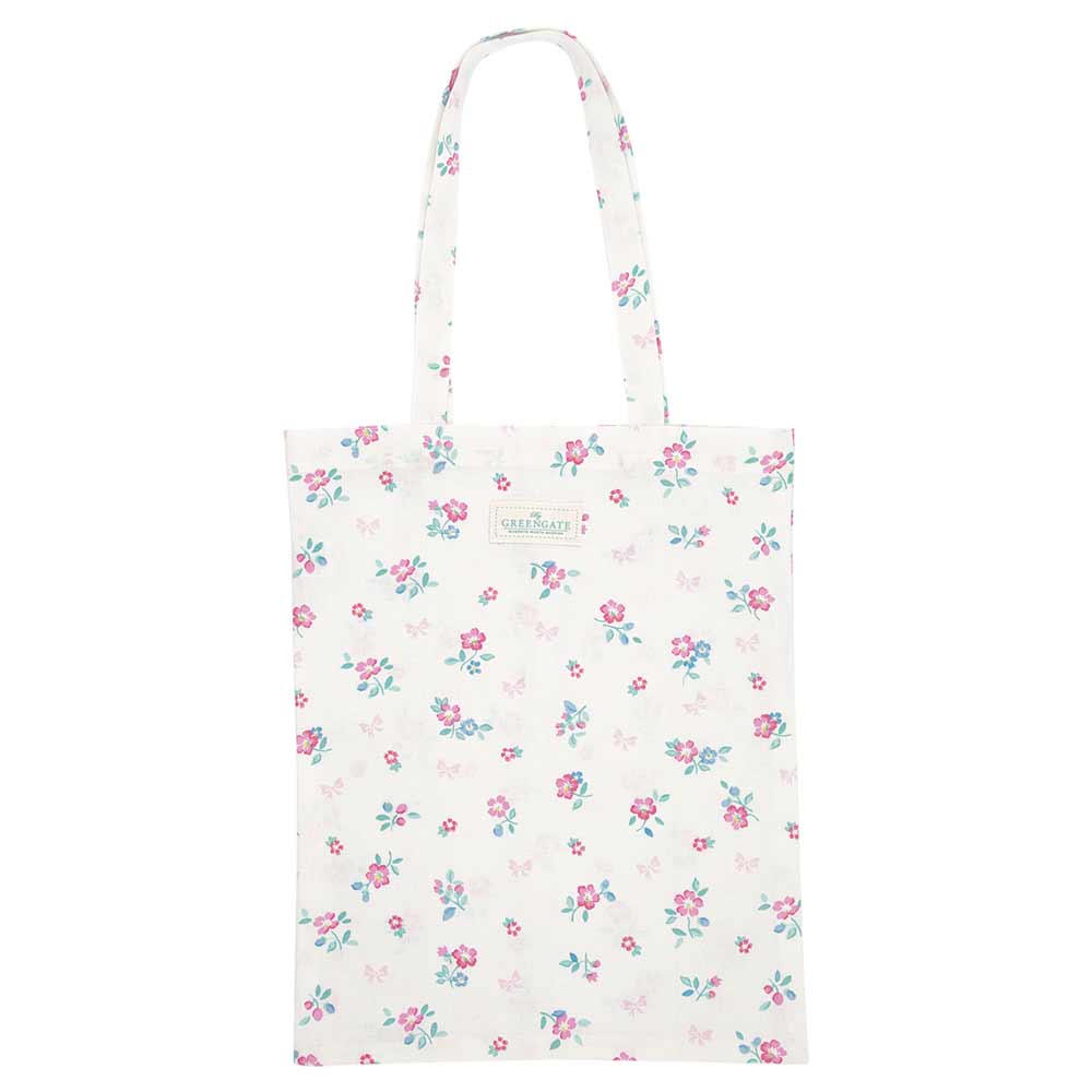 Die „GreenGate - Athea Stofftasche White“ ist eine weiße Einkaufstasche mit rosa und blauen Blumenmuster und langen Henkeln.