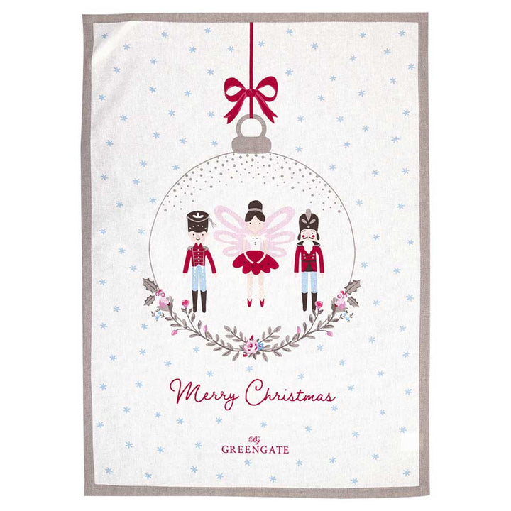 Geschirrtuch mit weihnachtlichem Design einer Ballerina und zwei Spielzeugsoldaten in einer Kugel, umgeben von floralen Akzenten. Der Text lautet „Frohe Weihnachten“ von GreenGate - Cindarella Geschirrtuch, weiß bedruckt.