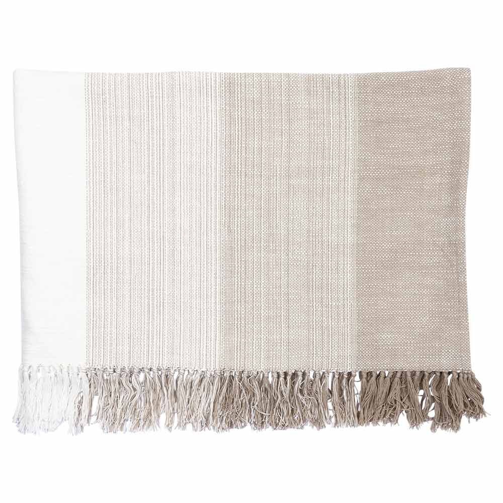 Die GreenGate Decke „Fade Stripe Beige“ in den Größen 130 x 170 cm wird flach vor einem weißen Hintergrund präsentiert und zeigt ihr strukturiertes Design mit beigen und cremefarbenen Streifen und Fransenkanten.