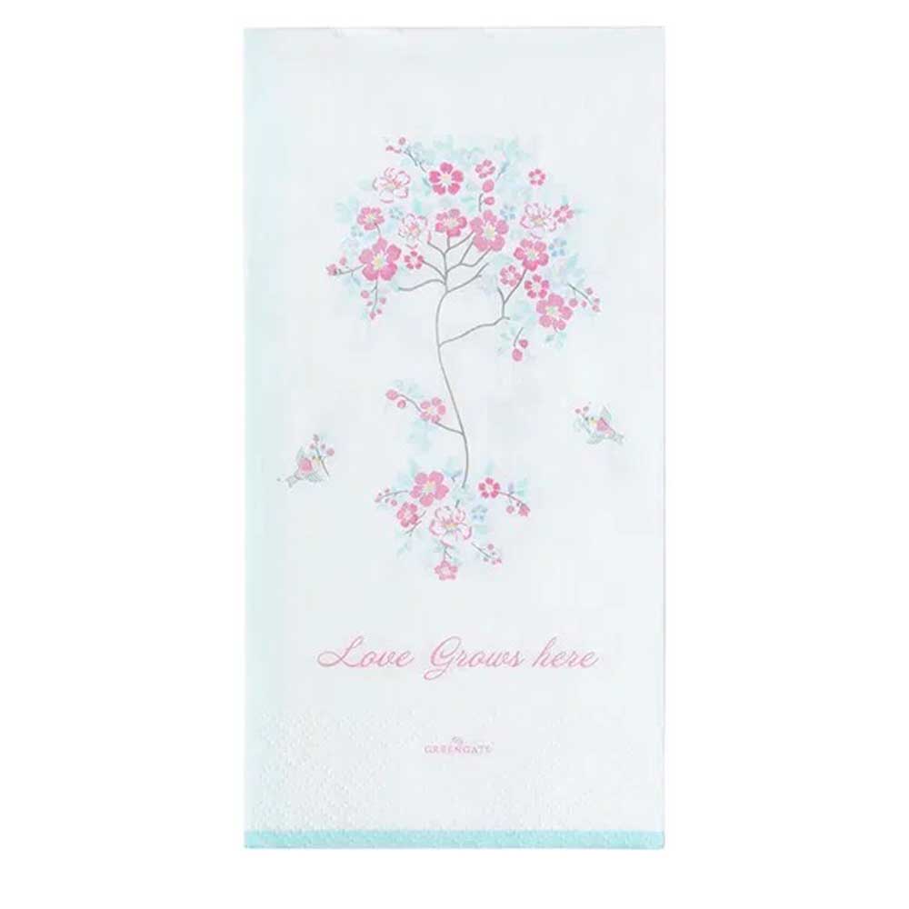 Die GreenGate Desdemona Papierservietten White (16 Stück) zeigen ein rosa und blaues Blumenbaumdesign mit dem Aufdruck „Love Grows here“ darunter.