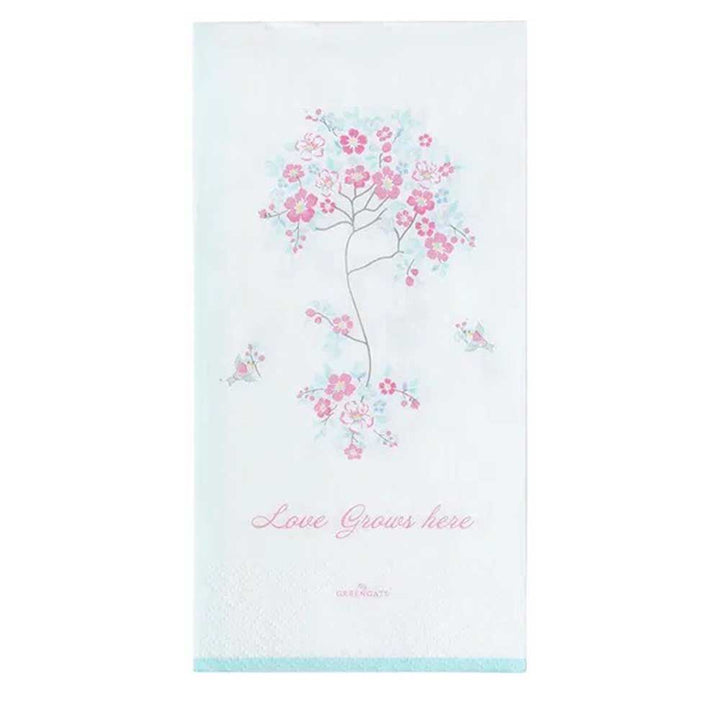 Die GreenGate Desdemona Papierservietten White (16 Stück) zeigen ein rosa und blaues Blumenbaumdesign mit dem Aufdruck „Love Grows here“ darunter.