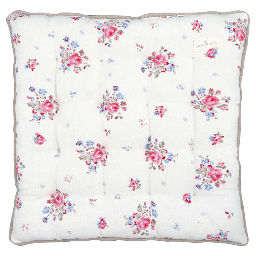 Quadratisches weißes Kissen mit getuftetem Design mit einem Blumenmuster aus rosa, roten und blauen Blumen. GreenGate - Elysia Sitzkissen groß weiß
