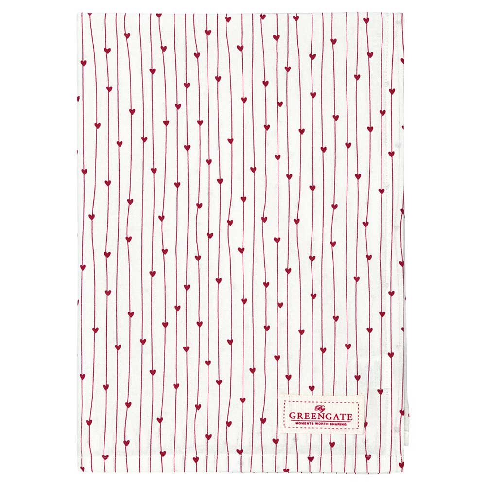 Weißes Handtuch mit vertikalen roten Linien und kleinen roten Herzmustern, mit einem „GreenGate - Grace Geschirrtuch weiß“-Logoetikett in der unteren Ecke.