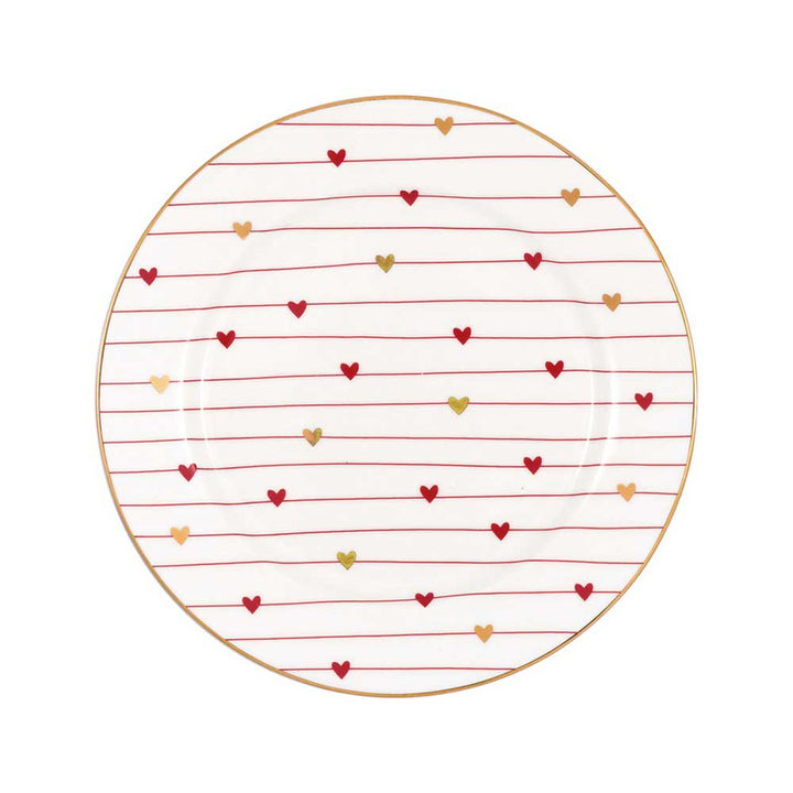 Ein runder weißer Teller ist mit roten und goldenen Herzen verziert, die in horizontalen Reihen angeordnet sind. 

GreenGate - Grace Keksteller