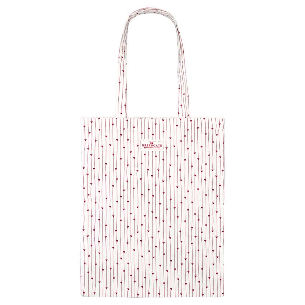 Weiße Einkaufstasche mit rotem Linien- und Punktmuster und dem Schriftzug „GreenGate – Grace Stofftasche weiß“ oben in der Mitte.