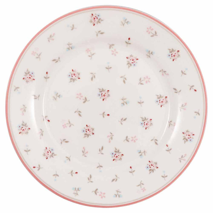 Runder weißer Keramikteller mit kleinem Blumenmuster und rosa Rand. GreenGate - Junia Frühstücksteller weiß.
