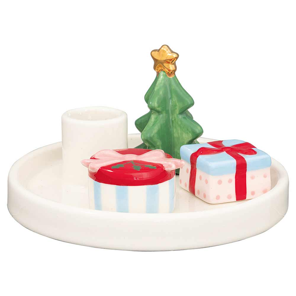 Weißes Keramiktablett mit einem kleinen GreenGate - Kerzenhalter Geschenke xmas rund in Weiß und zwei Geschenkboxen aus Keramik, eine rote und eine blaue.