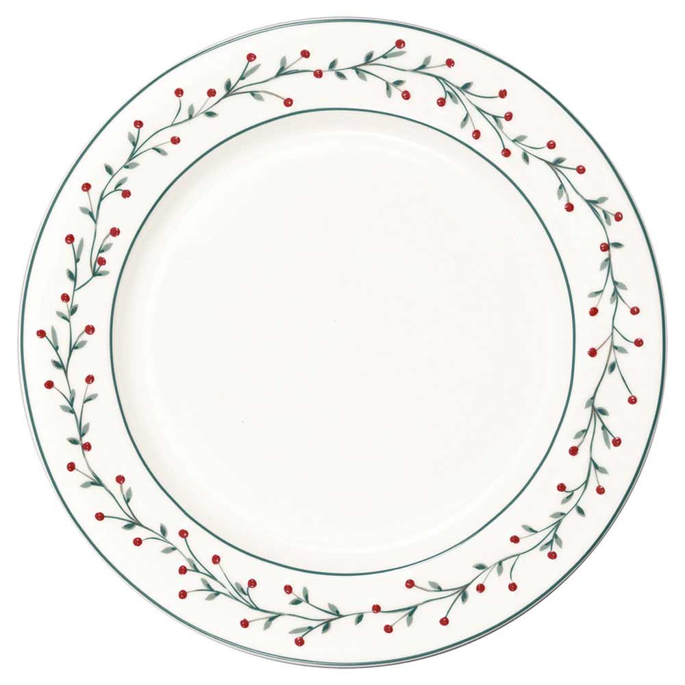 Ein GreenGate - Lucie Frühstücksteller in Weiß mit einer dünnen grünen Linie am Rand, verziert mit einem Muster aus grünen Ranken und roten Beeren am Rand.