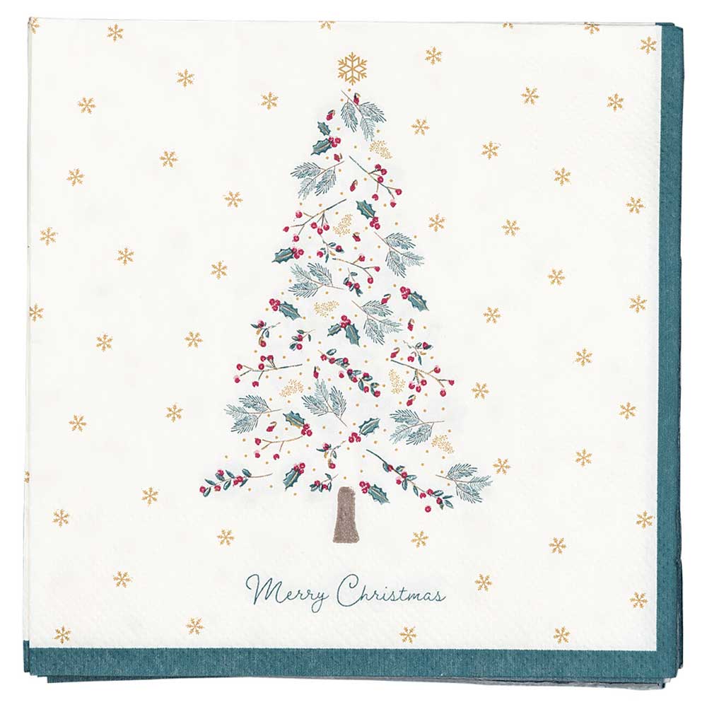 Eine GreenGate - Lucie Xmas Papierservietten weiß klein 20 Stück mit einem Weihnachtsbaumdesign aus Blättern, Beeren und Ornamenten, mit der Aufschrift „Merry Christmas“ auf der Unterseite und goldenen Sternen im Hintergrund.