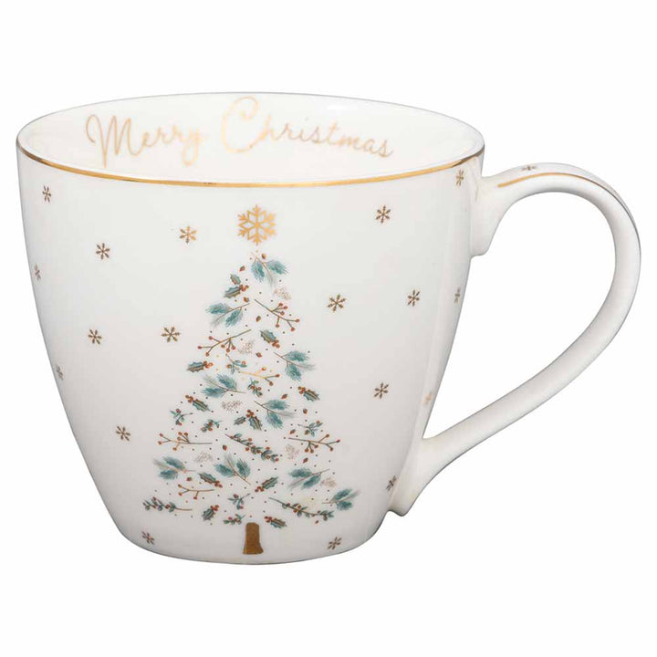 Weiße GreenGate - Lucie Xmas Tasse aus Keramik in Weiß mit einem Weihnachtsbaumdesign und den Worten „Merry Christmas“ in Gold am Rand aufgedruckt.