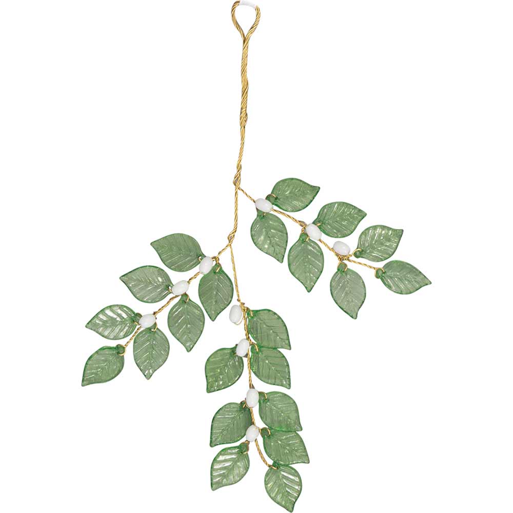 Ein GreenGate - Mistelzweig grüne Blätter mit grünen Blättern mit weißen Perlen auf einem goldenen Draht, angeordnet in einem verzweigten Muster.