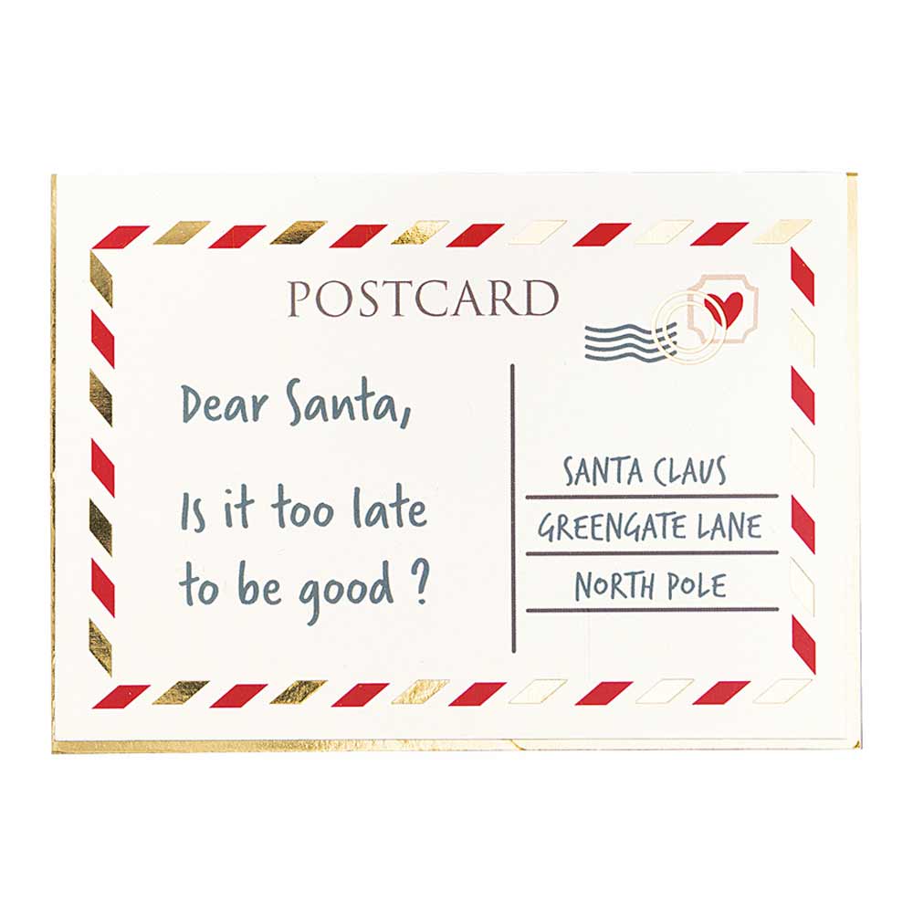 Ein GreenGate - Notizblock Weihnachtsbrief an den Weihnachtsmann am Nordpol mit der Nachricht: „Lieber Weihnachtsmann, ist es zu spät, brav zu sein?“.