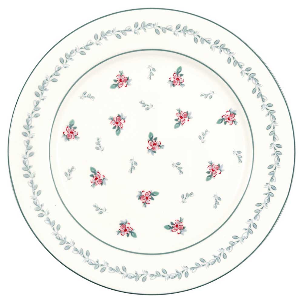 Ein GreenGate - Speiseteller Jalia in Weiß mit einem floralen Design aus kleinen rosa Blüten und grünen Blättern, umrandet von einem Muster aus grünen Blättern.