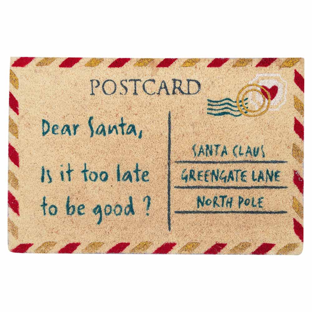 Eine weiße GreenGate - Türmatte XMas Letter mit der Nachricht „Lieber Weihnachtsmann, ist es zu spät, brav zu sein?“ und einer Adresse an den Weihnachtsmann in der Greengate Lane am Nordpol.