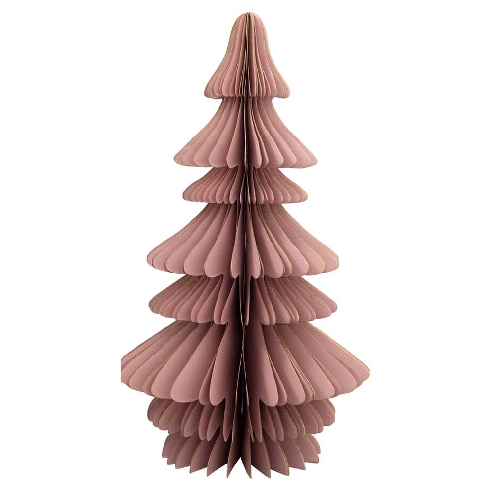Ein stilisierter, rosafarbener Papierweihnachtsbaum mit mehreren übereinander geschichteten Segmenten, umrandet mit goldenen Kanten, lässt sich mit dem Produktnamen beschreiben: GreenGate - Weihnachtsbaum Papier dusty rose 30 cm.