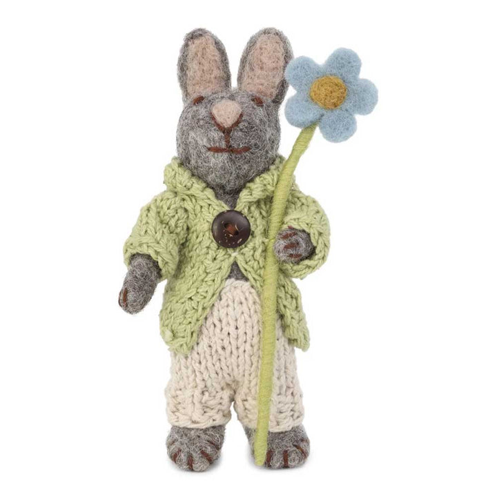 Gry &amp; Sif - Grauer Hase Filz mit Jacke, Hose &amp; blauer Anemone