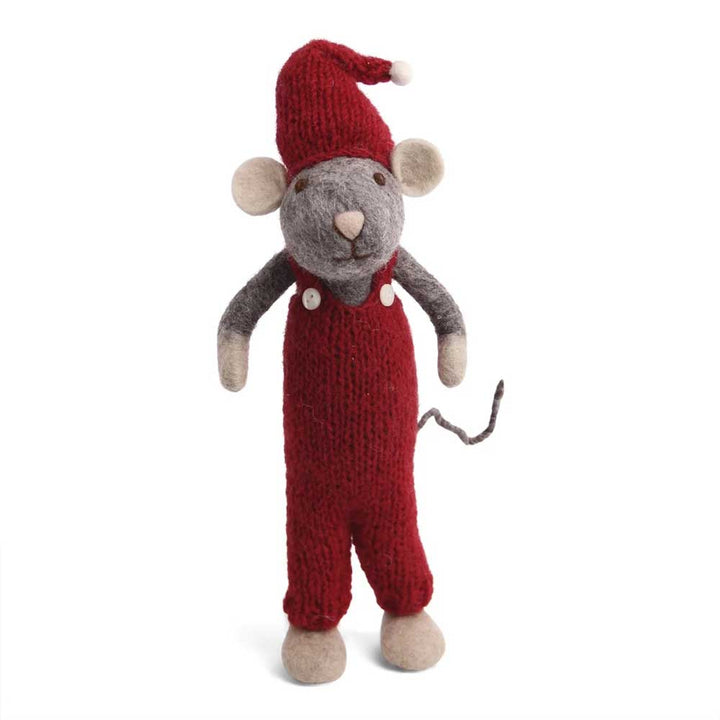 Eine Filzmaus von Gry &amp; Sif mit roter Hose steht aufrecht.
