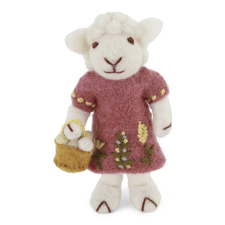 Gry &amp; Sif - Weißes Schaf Filz mit dusty red Kleid &amp; Eierkorb