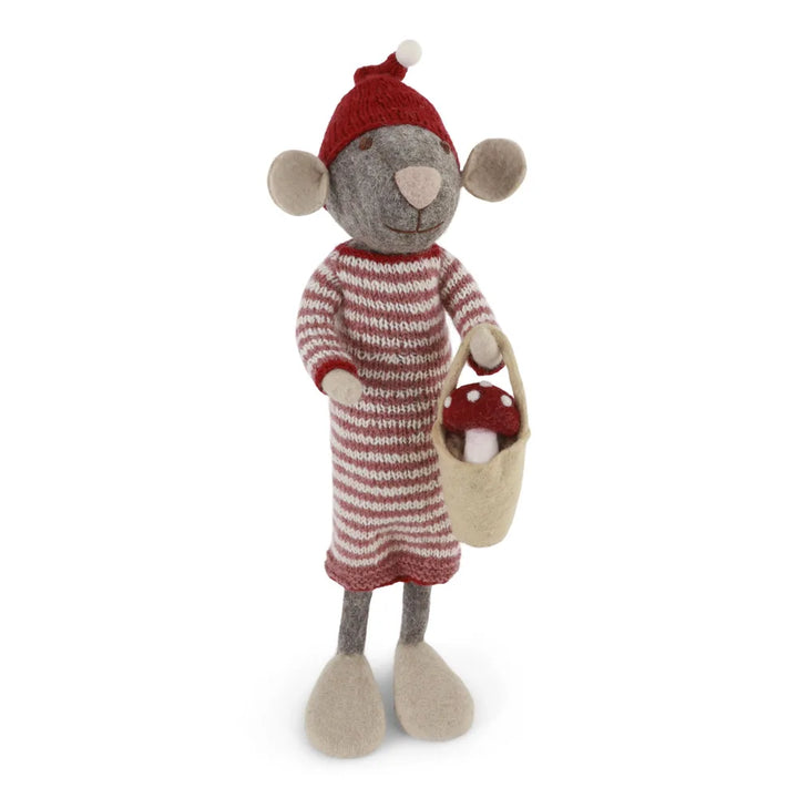 Gry &amp; Sif - Filzmaus Mädchen im Kleid mit Pilz im Eimer XL grau 60 cm