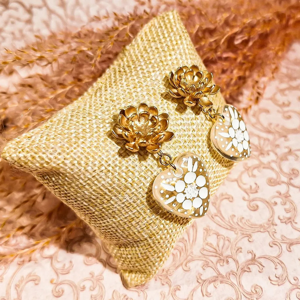 Lydée Déco - Herz- und Blumenohrringe Transparent Weiß Gold