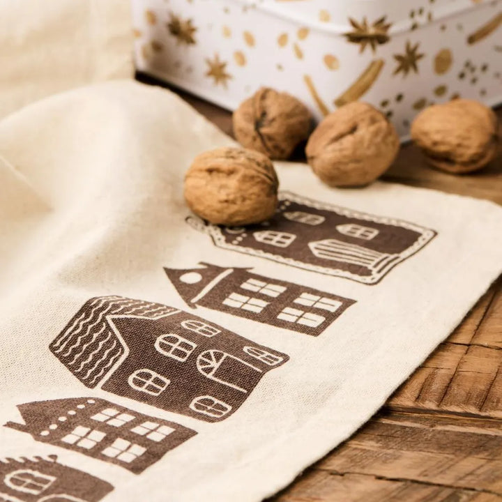 Ib Laursen - Geschirrtuch Pauline natur mit braunen Häusern